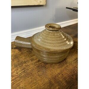Vintage HandmadeStoneware Soup Bowl With Lid Handle Pottery